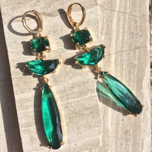 Emerald Green glass long stone prong set Earrings